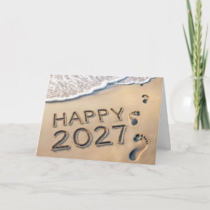 Neujahr 2027 Strandfußspuren Feiertagskarte