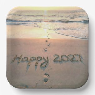 Neujahr 2027 Strandfußspuren Pappteller