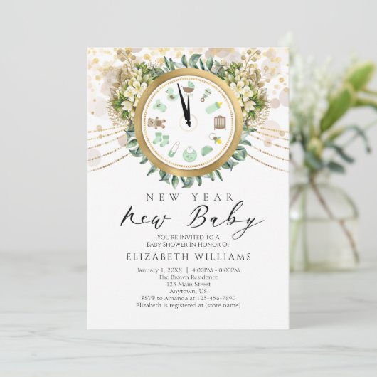 Neujahr Baby Clock Baby Dusche Einladung (Stehend Vorderseite)