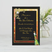 Neujahr Black Gold Champagne Einladung (Stehend Vorderseite)