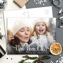 Neujahr Cheke Modernes Script White Snowflake Foto Feiertagspostkarte