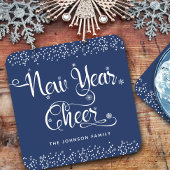 Neujahr Cheke White Script Snowflakes Navy Custom Getränkeuntersetzer
