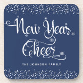 Neujahr Cheke White Script Snowflakes Navy Custom Getränkeuntersetzer (Vorderseite)