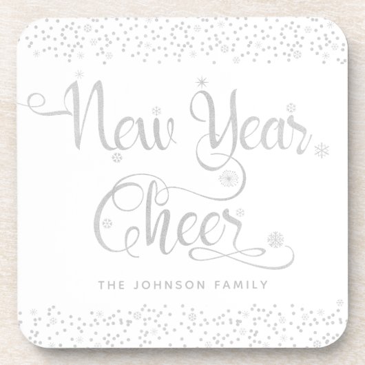 Neujahr Cheke White Silver Script Schneeflocken Getränkeuntersetzer (Vorderseite)