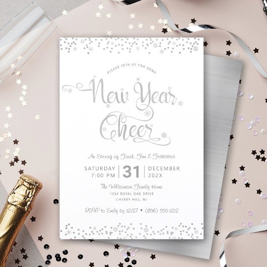 Neujahr Chever Silver White Script Confetti Party Einladung