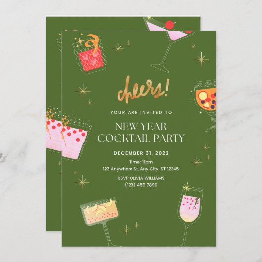 Neujahr Cocktail Party Einladung (Vorne/Hinten)