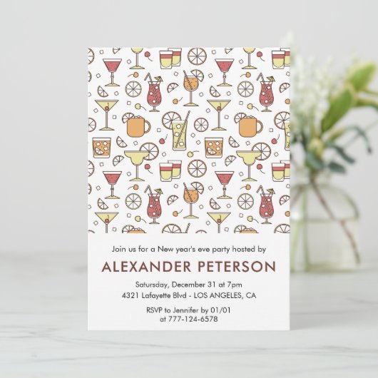 Neujahr: Cocktail Pattern Einladung (Stehend Vorderseite)