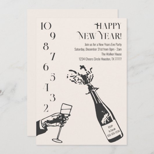 Neujahr Countdown Champagne Feiertag Party Einladung (Vorne/Hinten)