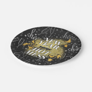 Neujahr dasselbe heiße Mess Black + Gold Glitzer Pappteller