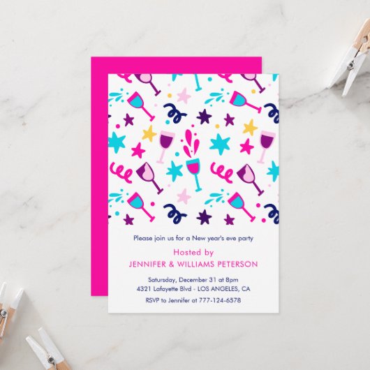 Neujahr Einladung Cocktail Drinks Pink (Vorderseite/Rückseite Beispiel)
