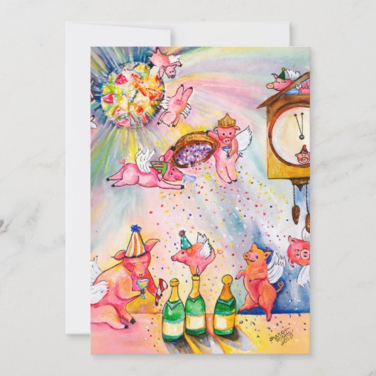 Neujahr Fliegen Schweine Einladung (Vorderseite)