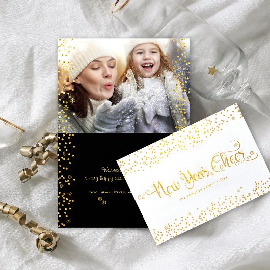 Neujahr Foto Gold Script Snowflakes Real Folienkarte