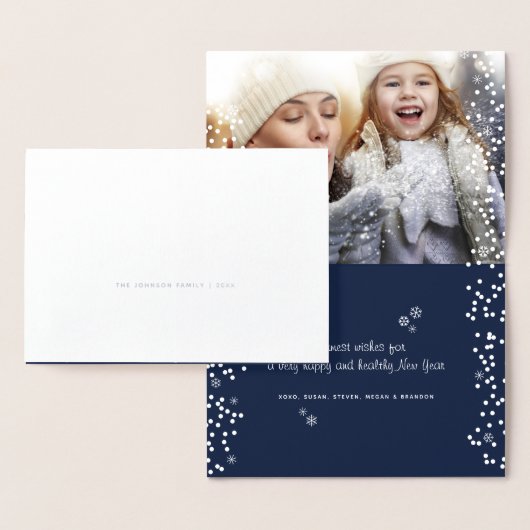 Neujahr Foto Snowflakes Script Navy Silver Folienkarte (Anzeige)