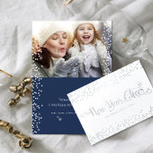 Neujahr Foto Snowflakes Script Navy Silver Folienkarte