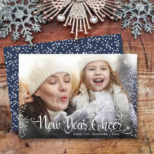 Neujahr Foto White Snowflakes Script Navy Feiertagskarte