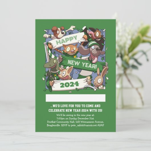 Neujahr Funny Animal Sports Fans Cartoon Einladung (Stehend Vorderseite)