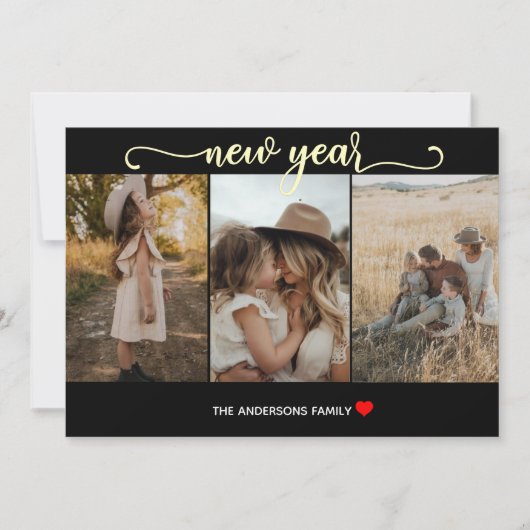 Neujahr | Gold schwarz | 3 Fotokarte Feiertagskarte (Vorderseite)