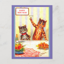 Neujahr Katze Spaß Vintag Anthropomorphe Kunst Postkarte