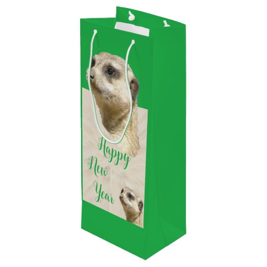Neujahr Meerkat GREEN Weinbeutel Geschenktüte Für Weinflaschen (Rückseite Schrägansicht)