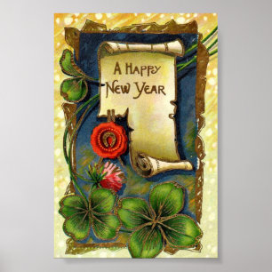 Neujahr mit vierblättrigem Kleeblatt Poster