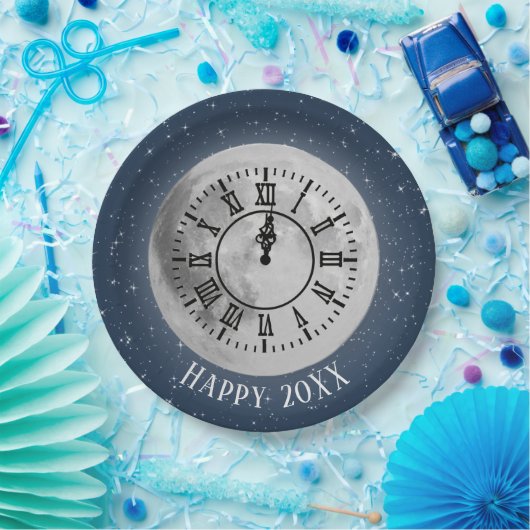 Neujahr Mitternacht Uhr auf dem Mond Pappteller (Party)