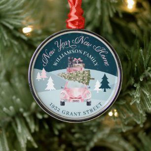 Neujahr Neuer Zuhause Rosa Retro Autoweihnachtsbau Ornament Aus Metall