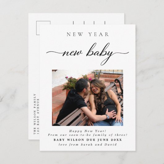 Neujahr Neugeborenes Foto Schwangerschaft Ankündigungspostkarte (Vorne/Hinten)
