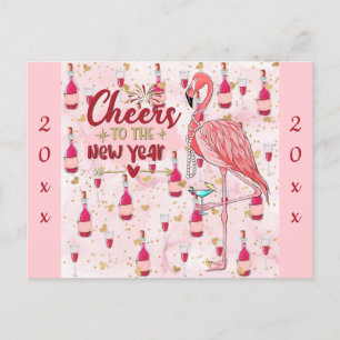 Neujahr Niedlich rosa Flamingo Champagne Postkarte