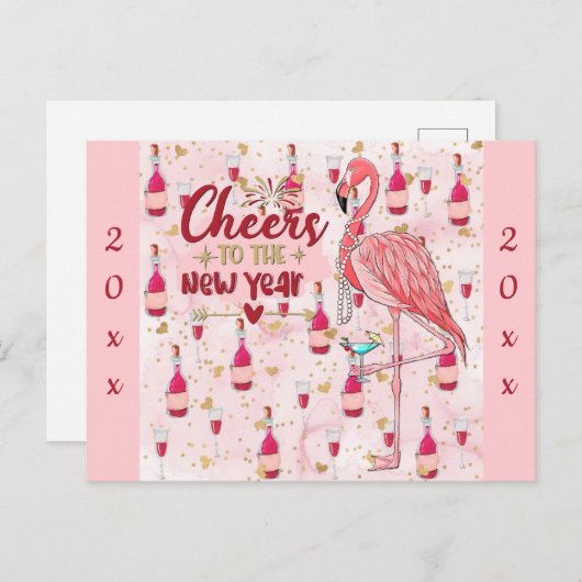 Neujahr Niedlich rosa Flamingo Champagne Postkarte (Vorne/Hinten)