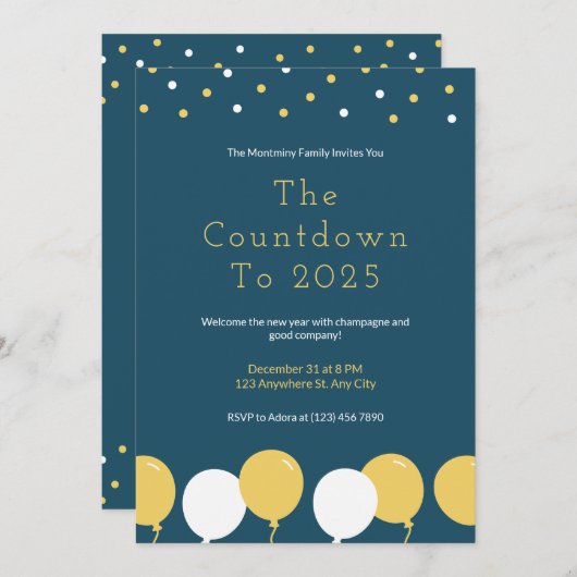 Neujahr Party Ballons und Confetti Einladung (Vorne/Hinten)