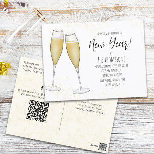 Neujahr Party Champagner QR Code voradressiert Postkarte