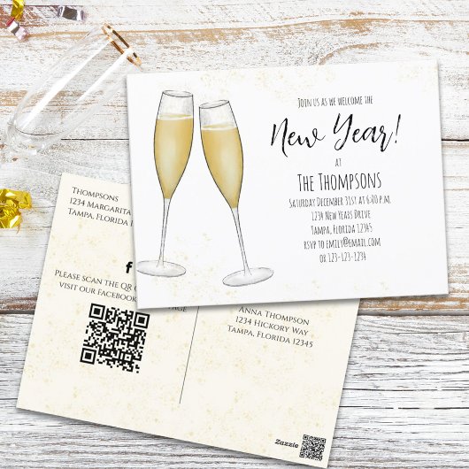 Neujahr Party Champagner QR Code voradressiert Postkarte