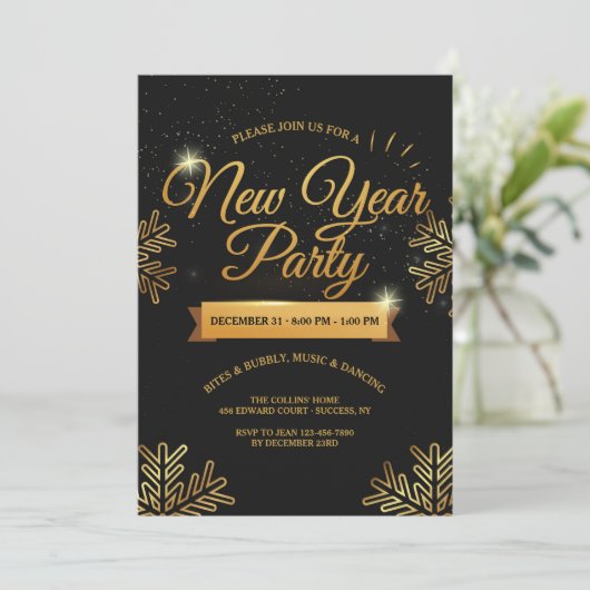 Neujahr Party Gold Snowflakes Einladung (Stehend Vorderseite)