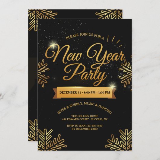 Neujahr Party Gold Snowflakes Einladung (Vorne/Hinten)