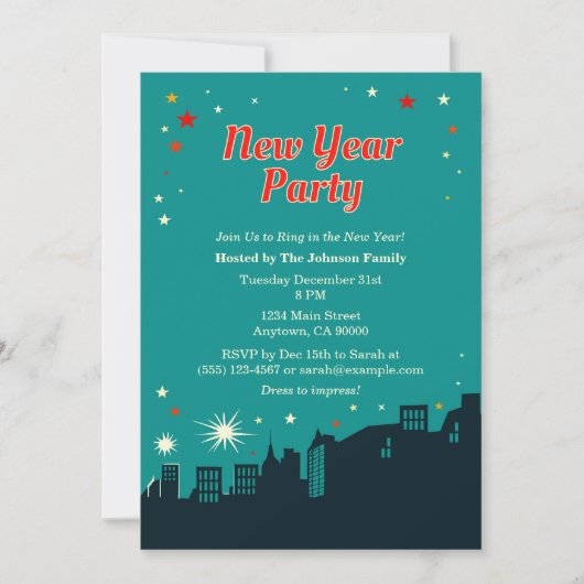 Neujahr Party Mitte des Jahrhunderts Moderne Einla Einladung (Vorderseite)