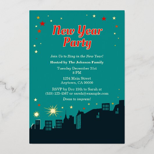 Neujahr Party Mitte des Jahrhunderts Moderner Stil Folieneinladung (Vorderseite)