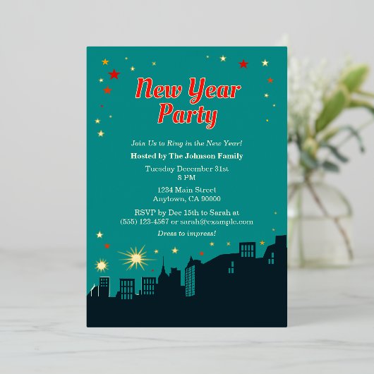 Neujahr Party Mitte des Jahrhunderts Moderner Stil Folieneinladung (Stehend vorne)