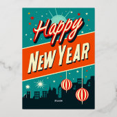 Neujahr Party Mitte des Jahrhunderts Moderner Stil Folieneinladung (Rückseite)