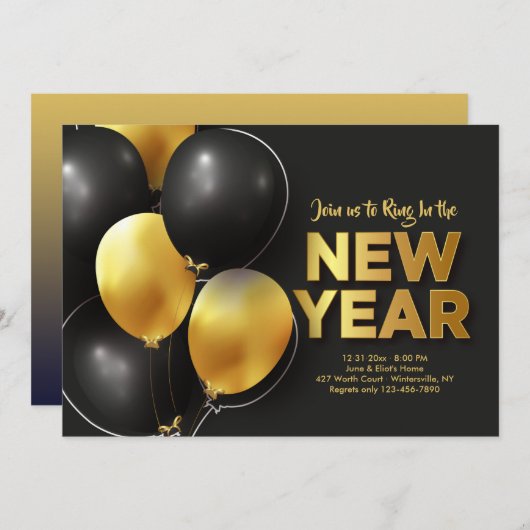 Neujahr Schwarz-Gold-Einladung Einladung (Vorne/Hinten)
