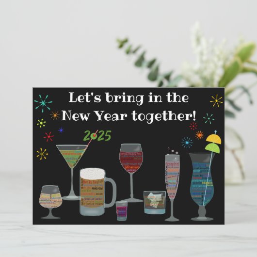 Neujahr um die Welt Cocktails Einladung (Stehend Vorderseite)