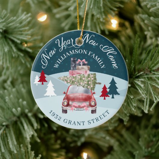 Neujahr Zuhause Red Retro Car Foto Sake Keramik Ornament (Baum)