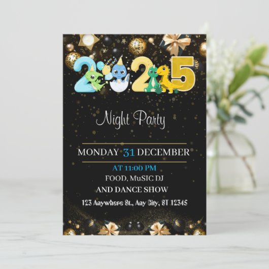 NEUJAHRE PARTY EINLADUNG GOLD SCHWARZ (Stehend Vorderseite)