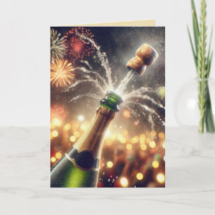 Neujahrs-Sekt mit knallendem Korken Feiertagskarte