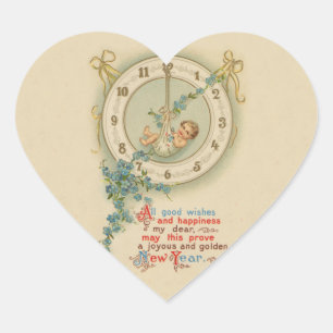 Neujahrsbaby Vintage-Uhr Herz-Aufkleber