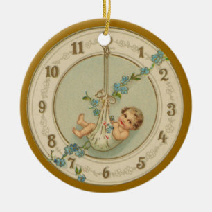 Neujahrsbaby Vintage-Uhr Keramik Ornament