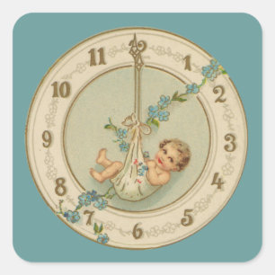 Neujahrsbaby Vintage-Uhr Quadratischer Aufkleber