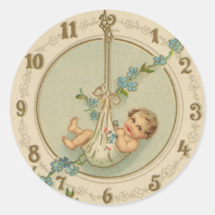 Neujahrsbaby Vintage-Uhr Runder Aufkleber