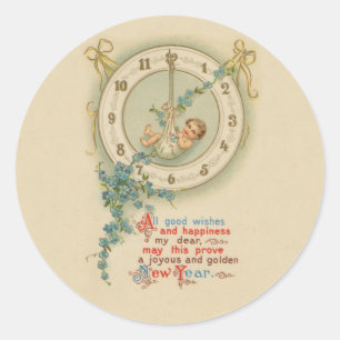 Neujahrsbaby Vintage-Uhr Runder Aufkleber