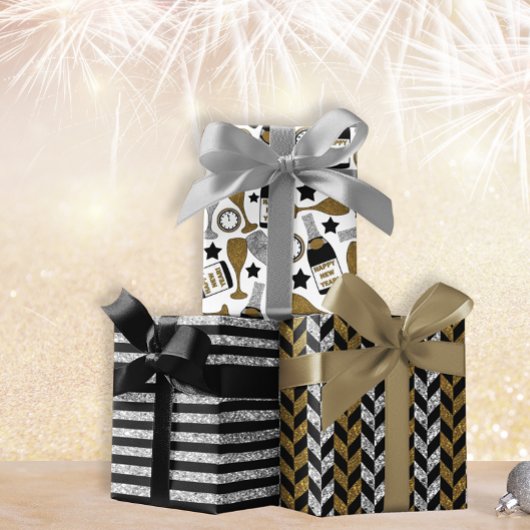 Neujahrsfest in Gold, Schwarz und Silber - Set von Geschenkpapier Set
