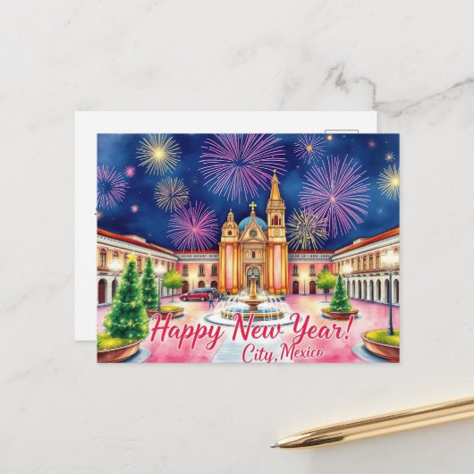 Neujahrsfeuer in Mexiko-Stadt Postkarte (Vorderseite/Rückseite Beispiel)